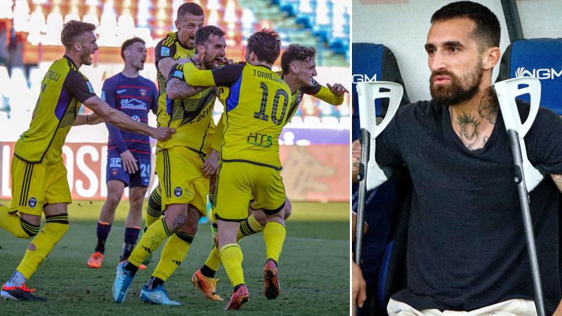 
	L&rsquo;esultanza nerazzurra a Cosenza e, in alto a destra, la foto di Caracciolo pubblicata dalla Lega B

