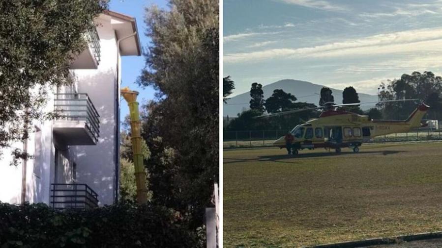 Il balcone teatro dell'incidente e l'elisoccorso intervenuto