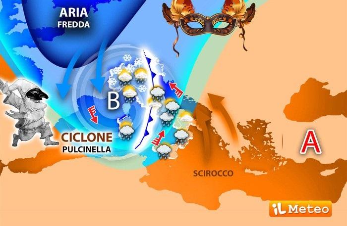 Per carnevale arriva il ciclone Pulcinella, con pioggia e neve