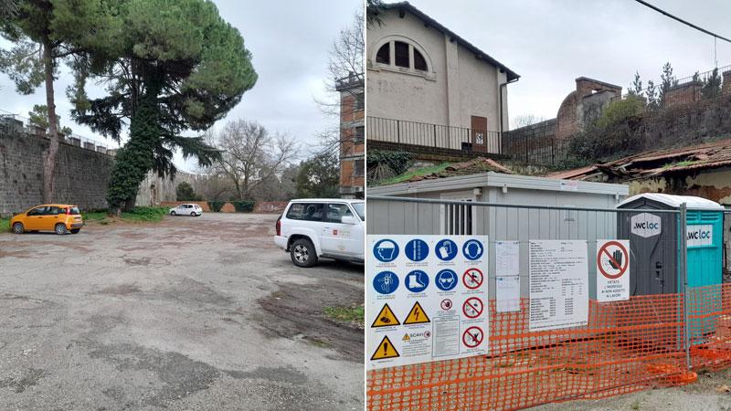Nelle foto il piazzale alle spalle dei palazzi Asl e Aoup: la pista ciclabile dovrebbe correre lungo le sue mura; a destra il fabbricato che dovrebbe essere demolito