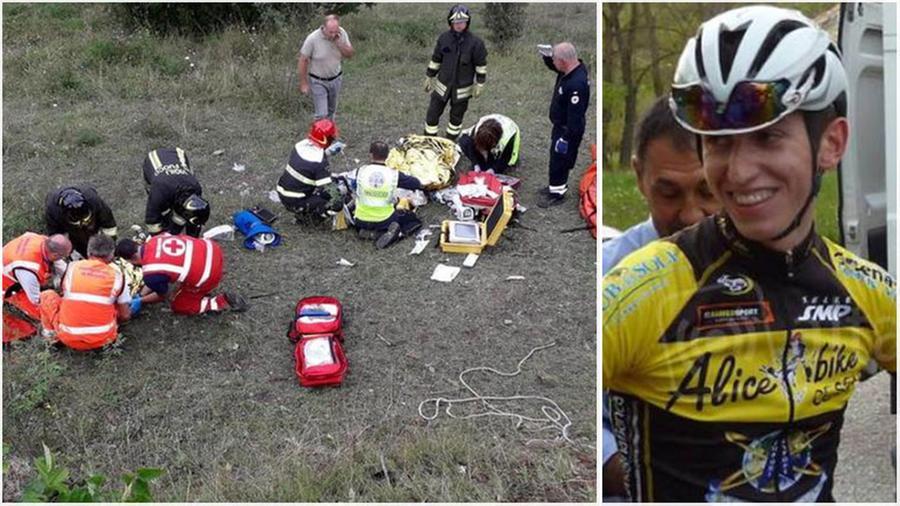 
	I soccorsi ai giovani ciclisti finiti fuori strada durante la gara e&nbsp;Michael Antonelli

