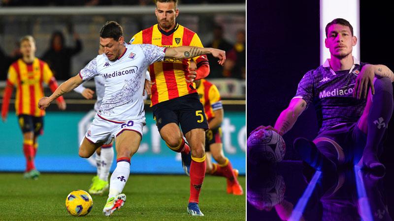 A sinistra Belotti a Lecce, a destra il primo scatto in viola (Acffiorentina.com)