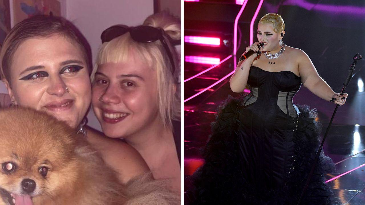 A sinistra BigMama con l'autrice toscana, a destra durante l'esibizione a Sanremo 2024