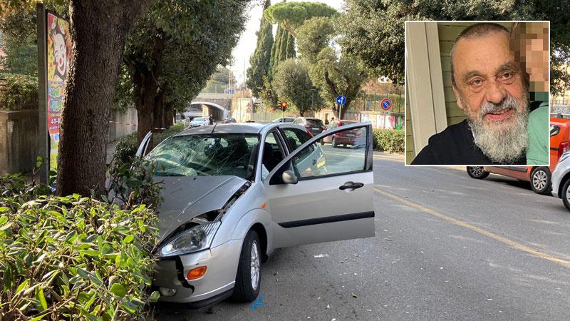 L’auto di Zanobini dopo lo schianto contro l’albero lungo via Roma (foto Michele Falorni/Silvi). In alto a destra Pierangelo Zanobini
