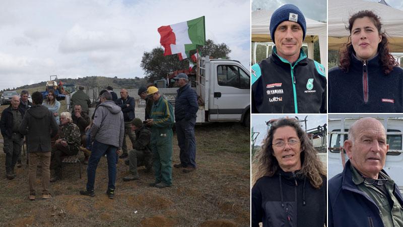 Un momento della giornata di ieri del presidio in zona Spadino (foto Agenzia Bf). In alto a destra in senso orario: Yuri Pieretto, Francesca Neri, Giampiero Bigiarini, Margherita Barco