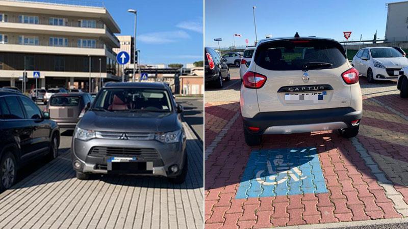 Le auto senza contrassegno parcheggiate negli stalli per disabili e sui marciapiedi