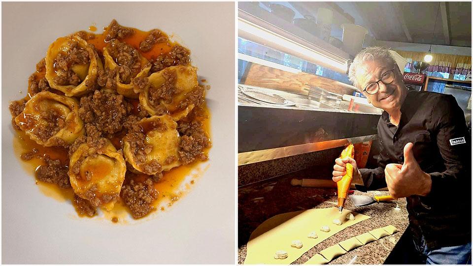 un piatto di cappellacci alla zucca al ragù di suino grigio