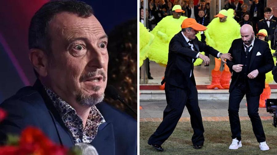 
	A sinistra Amadeus, a destra John Travolta e Fiorello durante il balletto

