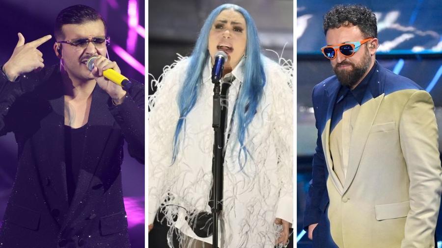 
	Da sinistra: Geolier, Loredana Bert&egrave; e Dargen D'Amico

