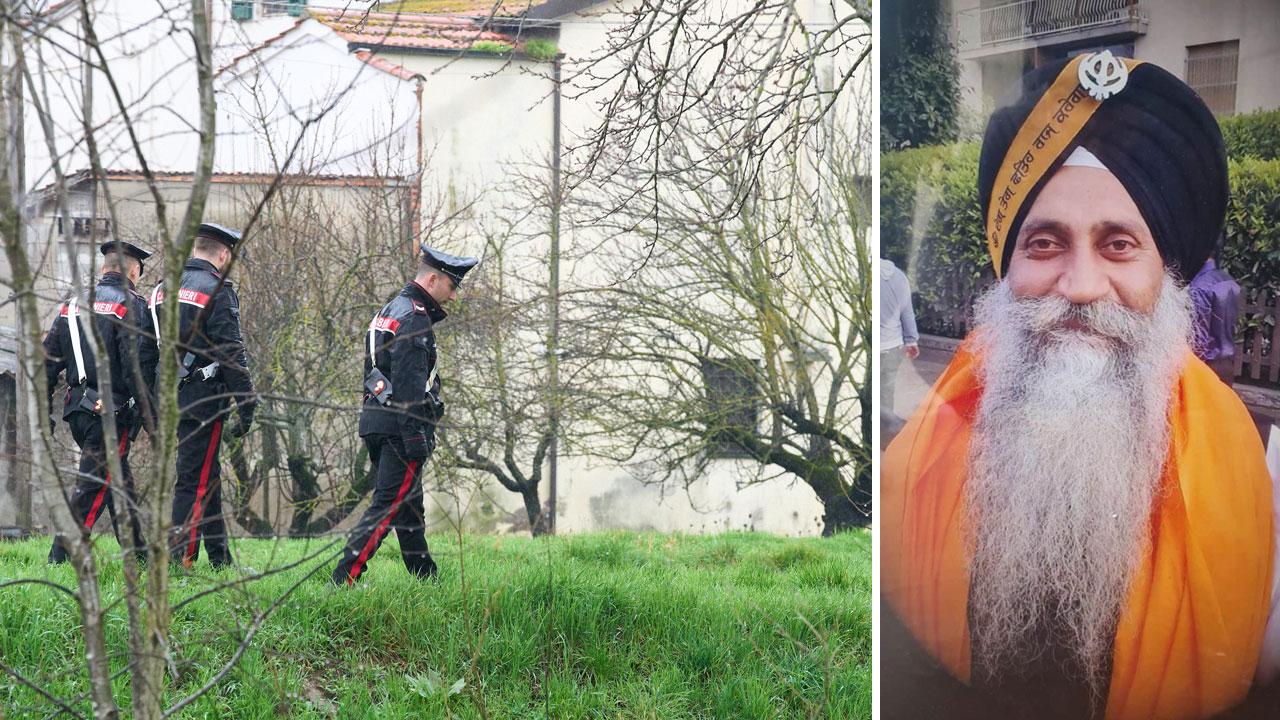 Harpal Singh e i carabinieri meentre perlustrano la zona dove è avvenuto il delitto