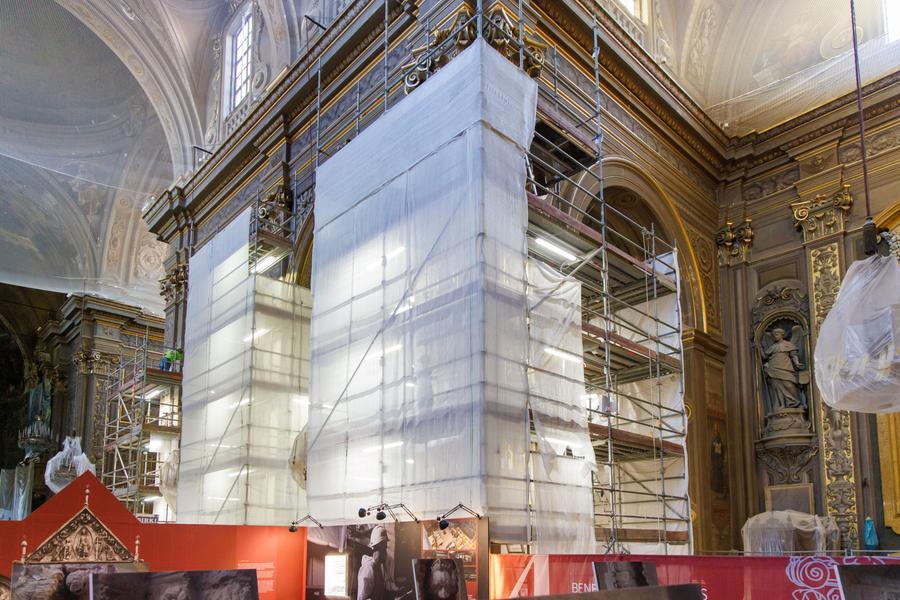 
	Il cantiere all'interno del duomo per i&nbsp;lavori di ripristino e consolidamente post sisma (foto Rubin)

