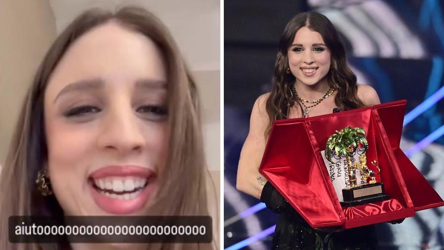 Angelina Mango nel video-appello e con il premio di Sanremo 2024