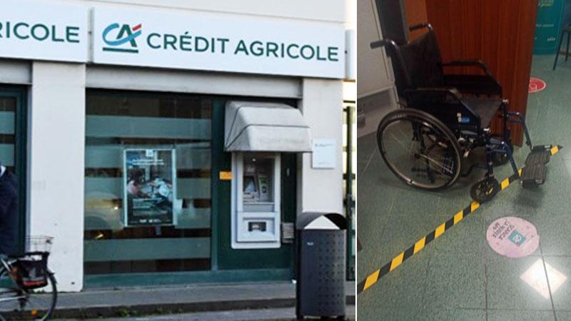 
	La filiale del Cr&eacute;dit Agricole finita nel mirino dei rapinatori e la carrozzina lasciata dai due


