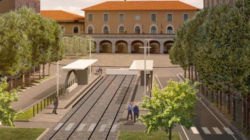 Una simulazione grafica della tramvia pisana e in particolare del capolinea previsto di fronte alla Stazione Centrale della linea di collegamento con Cisanello