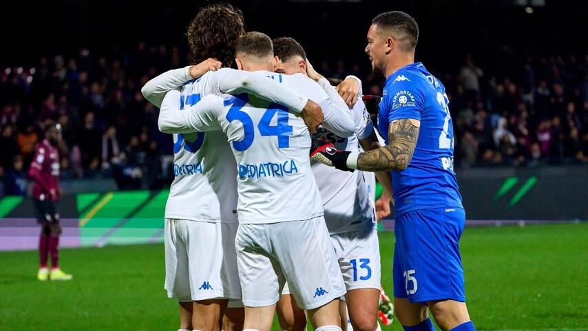 L’esultanza degli azzurri di mister Nicola per il successo conquistato all’Arechi contro la Salernitana (Foto Empoli Fc)