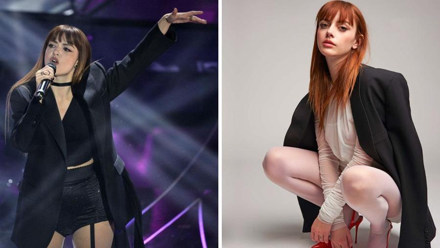 Annalisa sul palco di Sanremo e a destra con le calze nate in Toscana