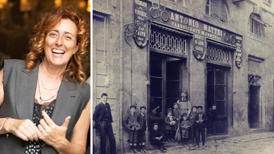 
	Elisabetta Pandolfini, una delle titolari del biscottificio e il laboratorio in una foto di fine Ottocento

