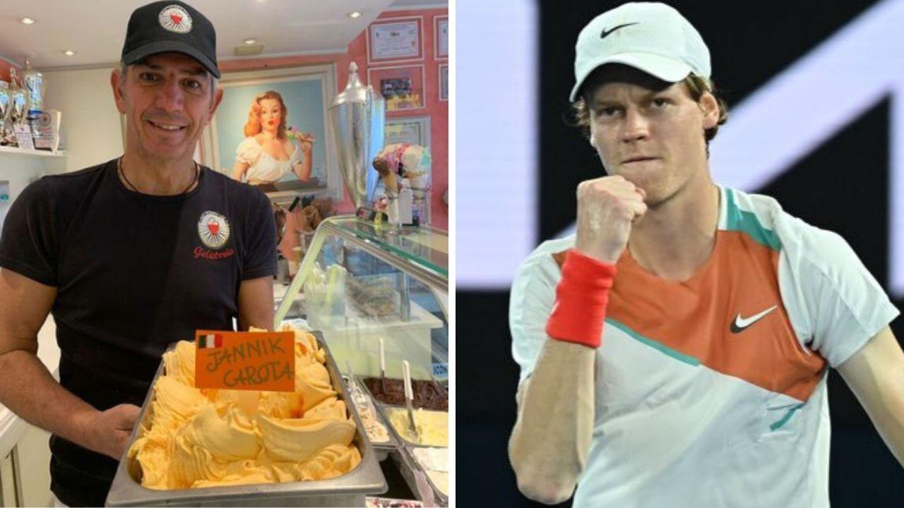 A sinistra il nuovo gelato in omaggio a Sinner, a destra il campione altoatesino