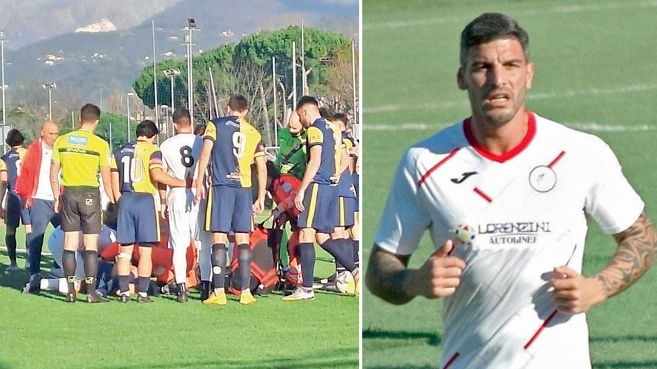 Nella foto a sinistra il momento dell’infortunio sul campo della San Marco Avenza, a fianco Mario Verona