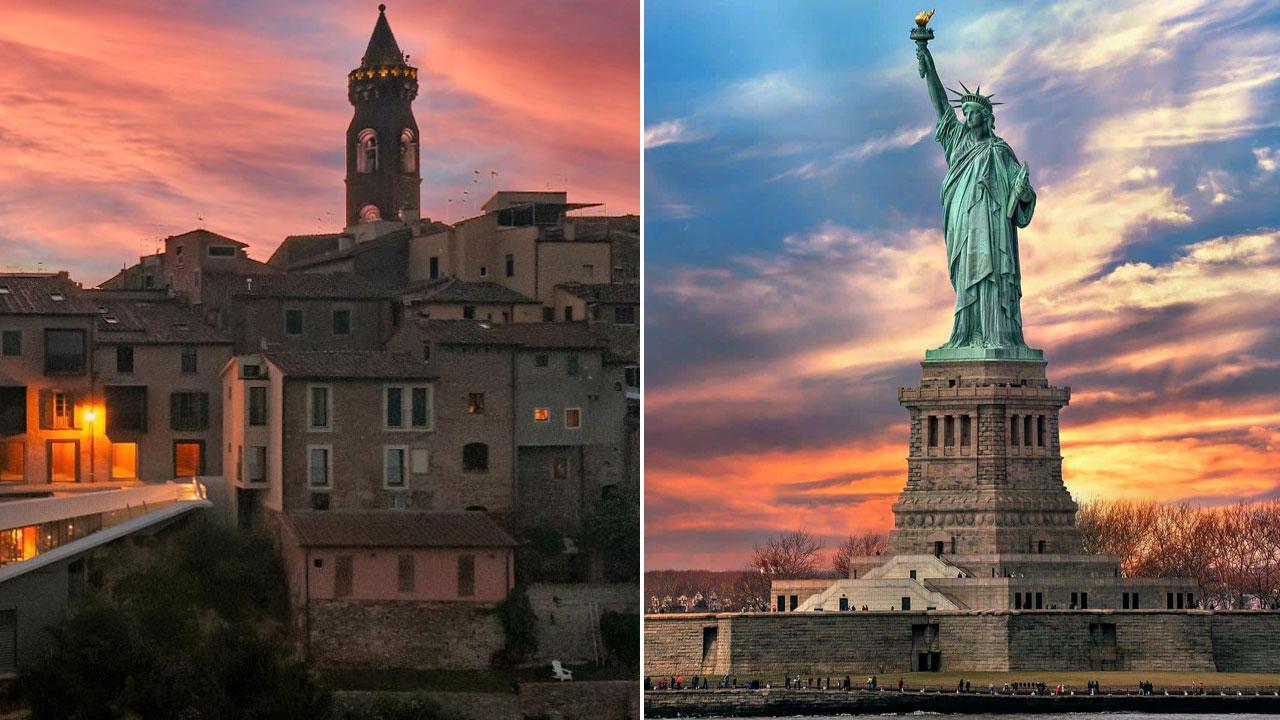 A sinistra il campanile del Bellincioni a Peccioli a destra  la Statua della Libertà