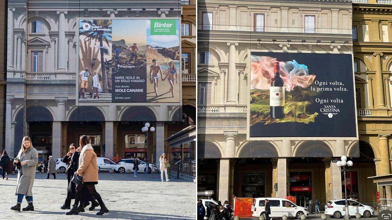 A sinistra, il cartellone che promuoveva le Canarie; a destra quello che promuove il Chianti