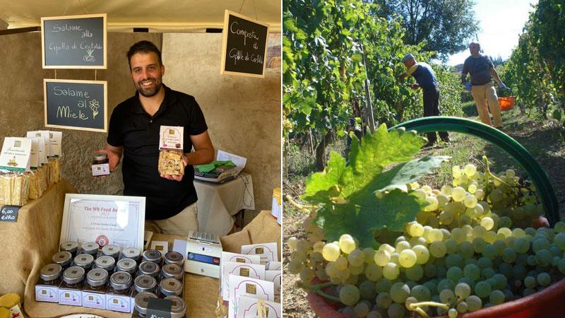 Mirko Delle Fave, titolare de “L’Orto sotto casa” l’azienda che produce il carciofo empolese, una specie particolare; a destra una vigna in cui si produce vinsanto