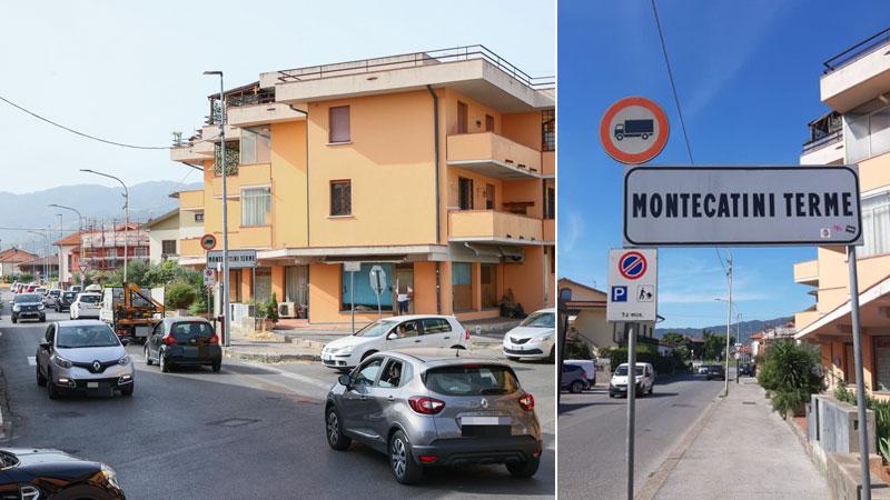 Il traffico pesante e non in via del Gallo e il cartello di divieto di transito ai camion nel tratto comunale di Montecatini