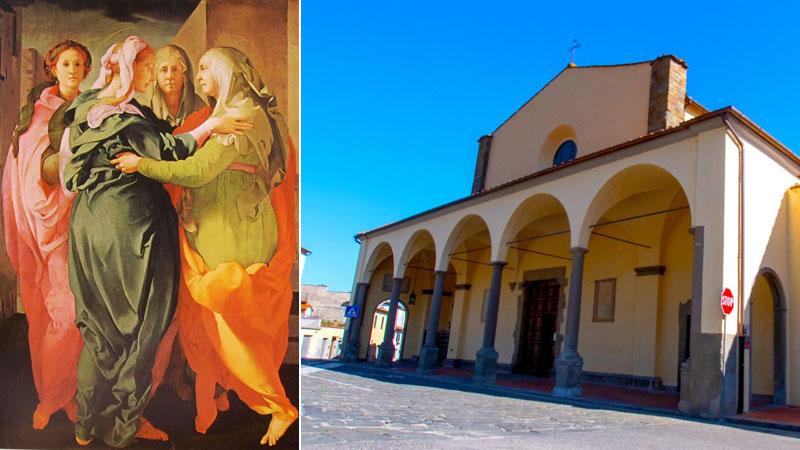 La Visitazione del Pontormo. A destra la chiesa di San Michele a Carmignano