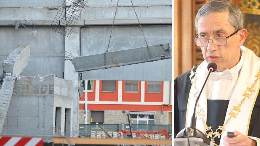 
	La trave che ha ceduto nel cantiere a Firenze e il rettore dell'Universit&agrave; di Pisa, Riccardo Zucchi

