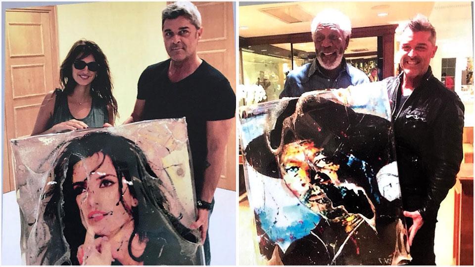 L’artista romano consegnail ritratto a Penelope Cruz e con il quadro donato al grande attore Morgan Freeman