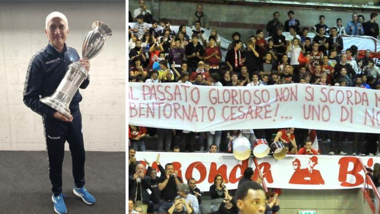 Cesare Pancotto con la Coppa Italia e sopra uno striscione a lui dedicato dei tifosi pistoiesi