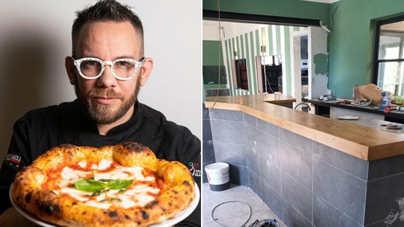 Gabriele Dani e, a destra, i lavori in corso per il locale ai Polveroni