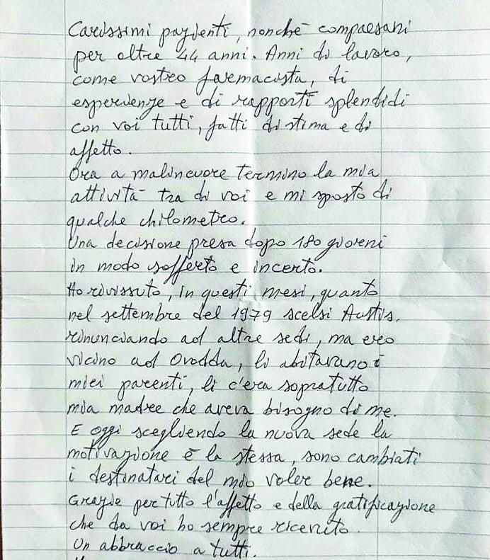 
	La lettera di commiato scritta dal dottor Francesco Soru

