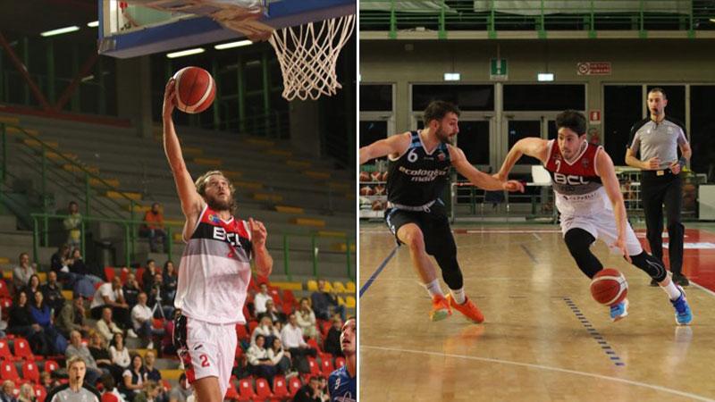 Burgalassi a sinistra schiaccia a canestro a destra Lippi play-guardia. Due punti di forza del Bc Lucca