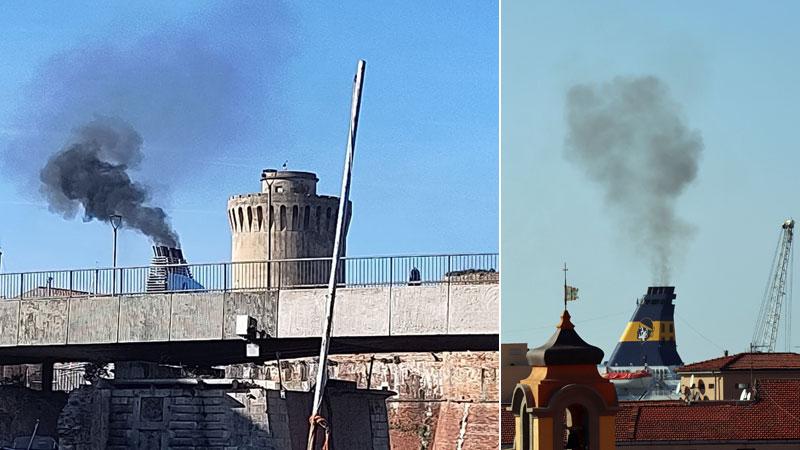 Le due foto scattate in questi giorni ai fumaioli di due traghetti in porto e inviati alla capitaneria e al Comune