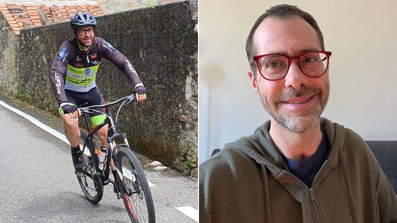 A sinistra Giulio Sensi durante un’uscita in mountain bike. A destra dopo essere tornato al lavoro