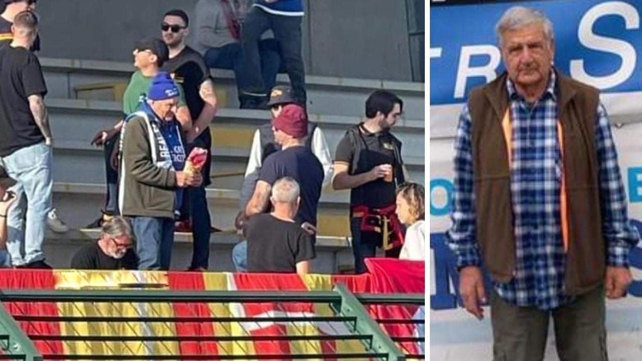 Sergio Bertoni mentre regala i biscotti ai tifosi del Poggibonsi e a destra in primo piano