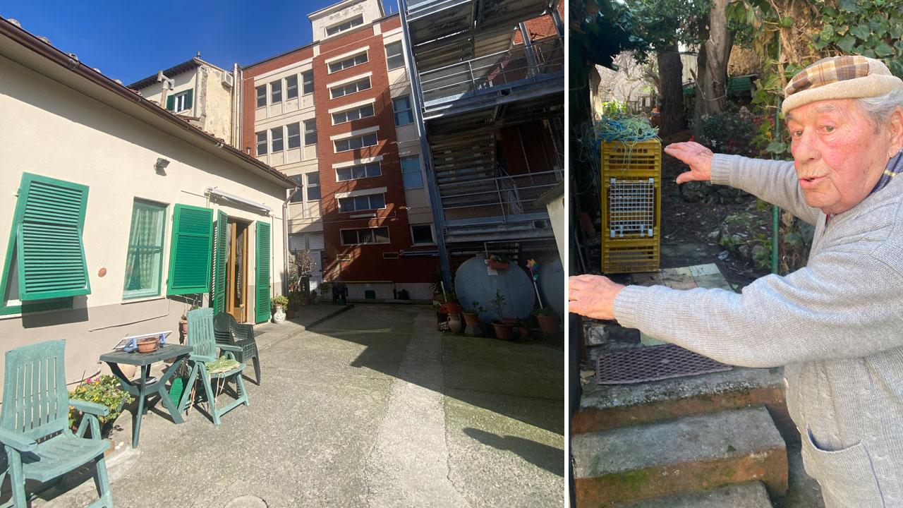 La casa del custode che si affaccia sul cortile interno del Calafati e Mario Vallari (93 anni)