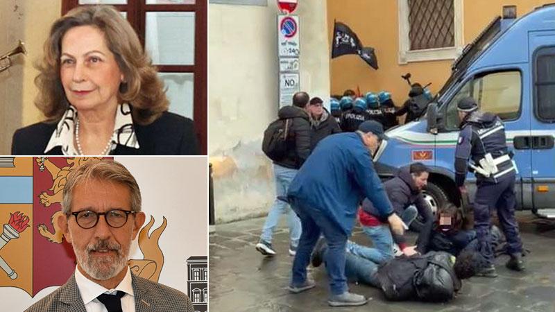 Il prefetto Maria Luisa D’Alessandro, il questore Sebastiano Salvo e due ragazzi bloccati dalle forze dell’ordine in piazza dei Cavalieri