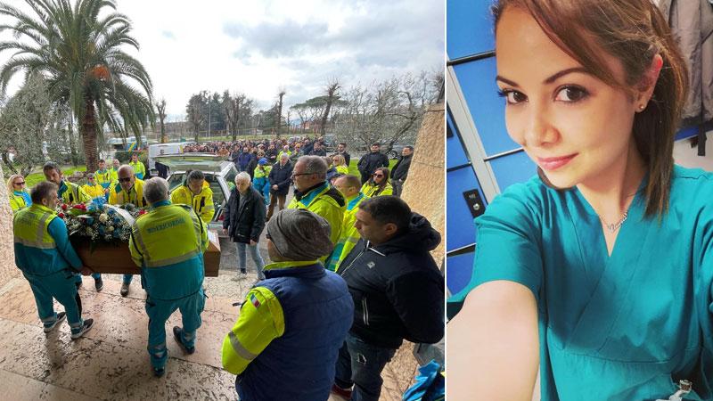 Laura Porta con la sua divisa da infermiera e un momento del funerale celebrato giovedì alla Vergine