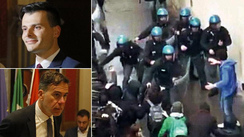 Edoardo Ziello e, sotto, Michele Conti; a destra un momento delle manganellate in via San Frediano