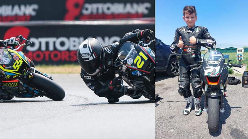 Giorgio Formisano, 11 anni di Rosignano, in pista durante una gara, a destra, in piedi accanto alla sua moto