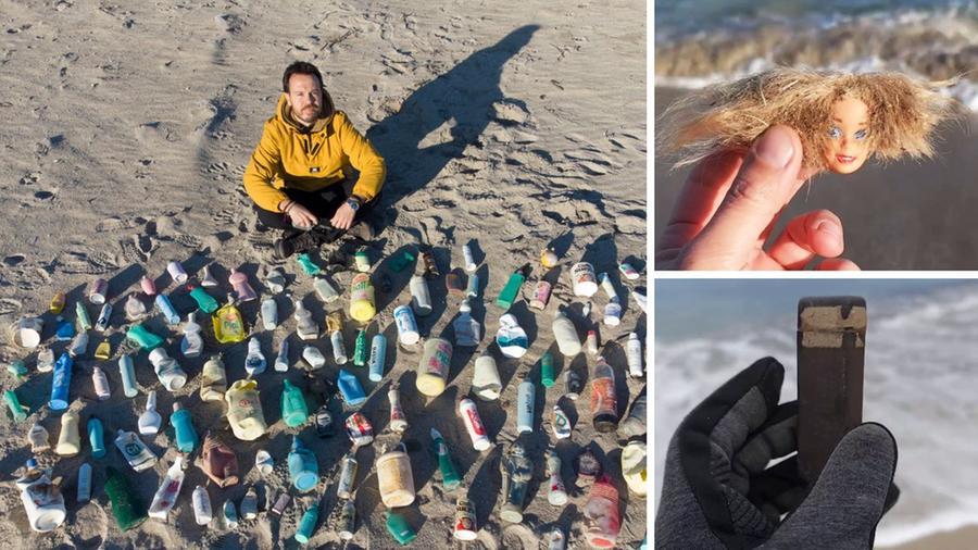 
	A sx Enzo Suma. A dx la testa della Barbie con i capelli "di posidonia", in basso la scatoletta del kit delle maschere antigas tedesche

