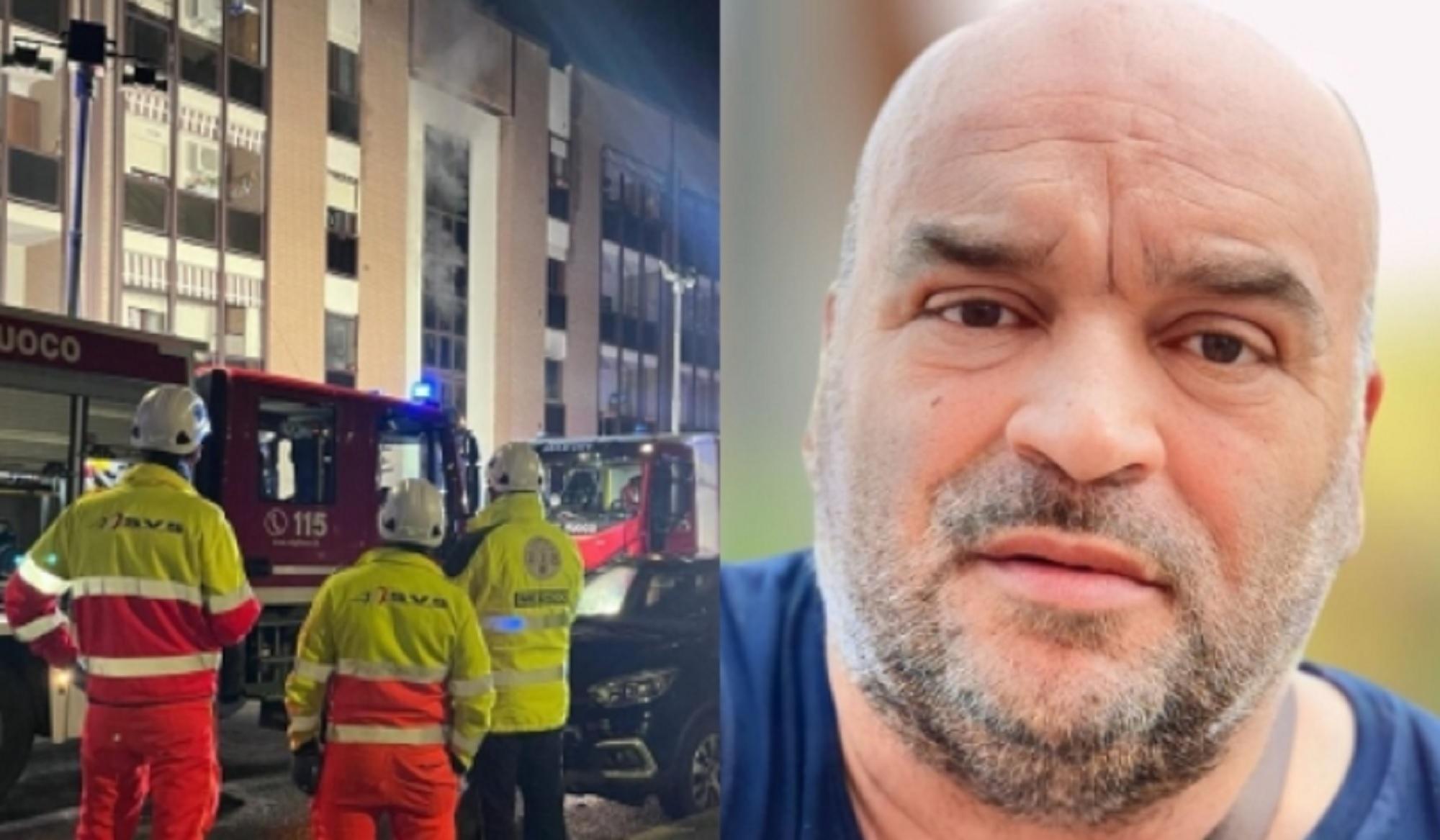 A sinistra l'incendio, a destra Milco Santini