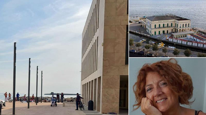 Lo Scoglio della Regina e in alto a destra Palazzo Pancaldi sono alcuni dei luoghi del Festival; sotto la biologa Anna Maria De Biasi