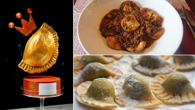 Il “Tordello d’Oro” in cartapesta che andrà al vincitore e, a destra, due immagini di tordelli