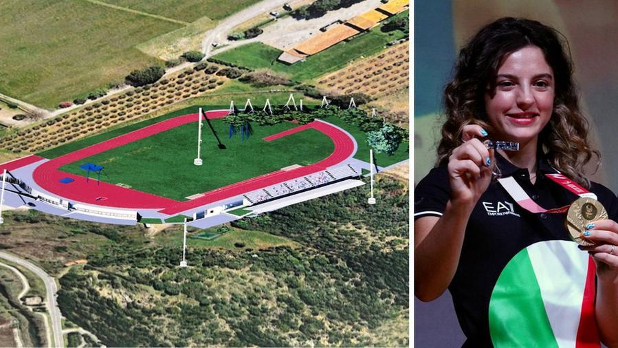 L’elaborato grafico che mostra il futuro impianto (foto Enzo Russo) e Ambra Sabatini