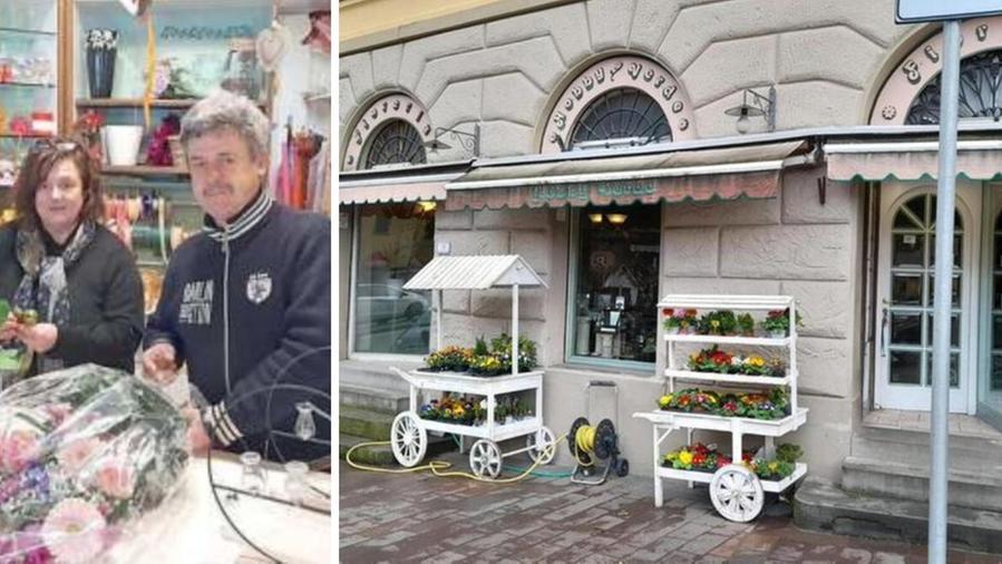 Alessandro e Susanna; a destra una veduta esterna del negozio
