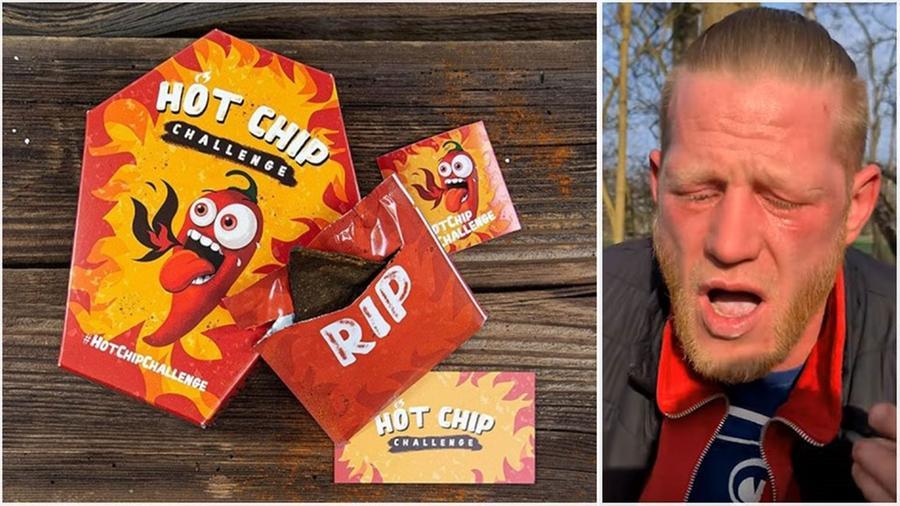 
	La confezione delle Hot Chip Challenge e uno youtuber in lacrime in un video durante la challenge di prova della patatina

