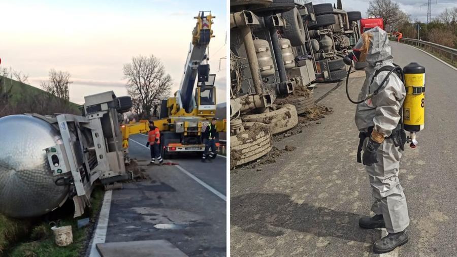 
	La cisterna rovesciata e l'intervento dei vigili del fuoco

